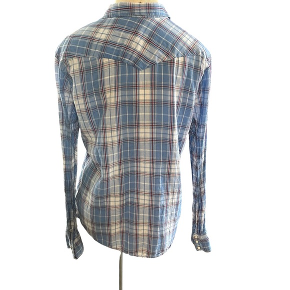 Salt Valley Western Plaid Snap Button Shirt Blue/Cream Long Sleeve Cotton Large - Picture 5 of 9